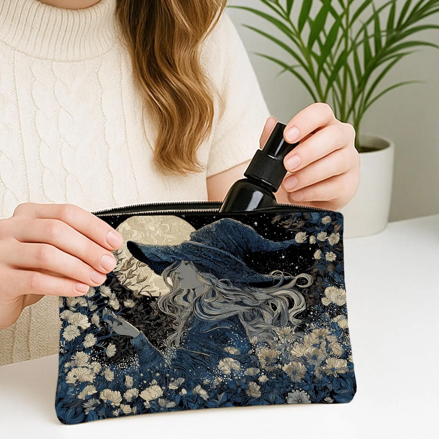 Moonlit Witch Makeup Bag, Midnight Blue Fantasy Cosmetic Travel Pouch for Women, Portable Small Canvas Zipper Clutch, Gift for Festivals and Seasonal Occasions 7x9 Inch