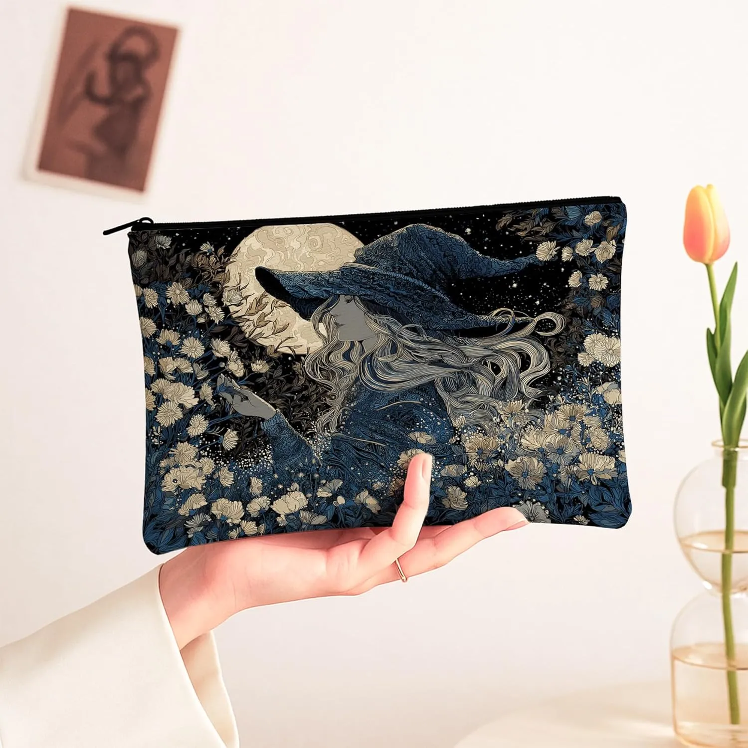 Moonlit Witch Makeup Bag, Midnight Blue Fantasy Cosmetic Travel Pouch for Women, Portable Small Canvas Zipper Clutch, Gift for Festivals and Seasonal Occasions 7x9 Inch