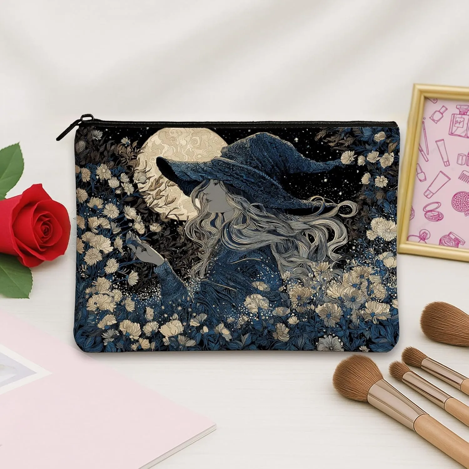 Moonlit Witch Makeup Bag, Midnight Blue Fantasy Cosmetic Travel Pouch for Women, Portable Small Canvas Zipper Clutch, Gift for Festivals and Seasonal Occasions 7x9 Inch