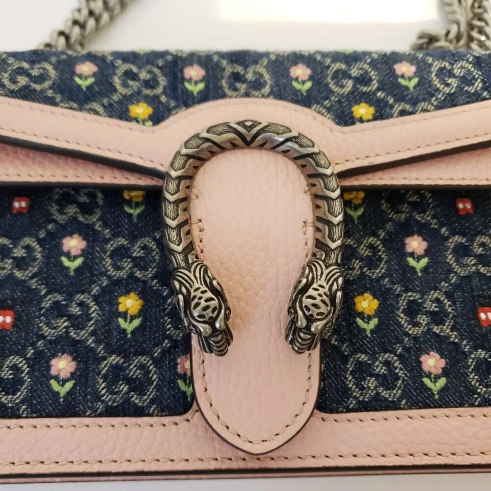 New Denim Floral Embroidered GG Monogram Dollar Calfskin Small Dionysus Bag