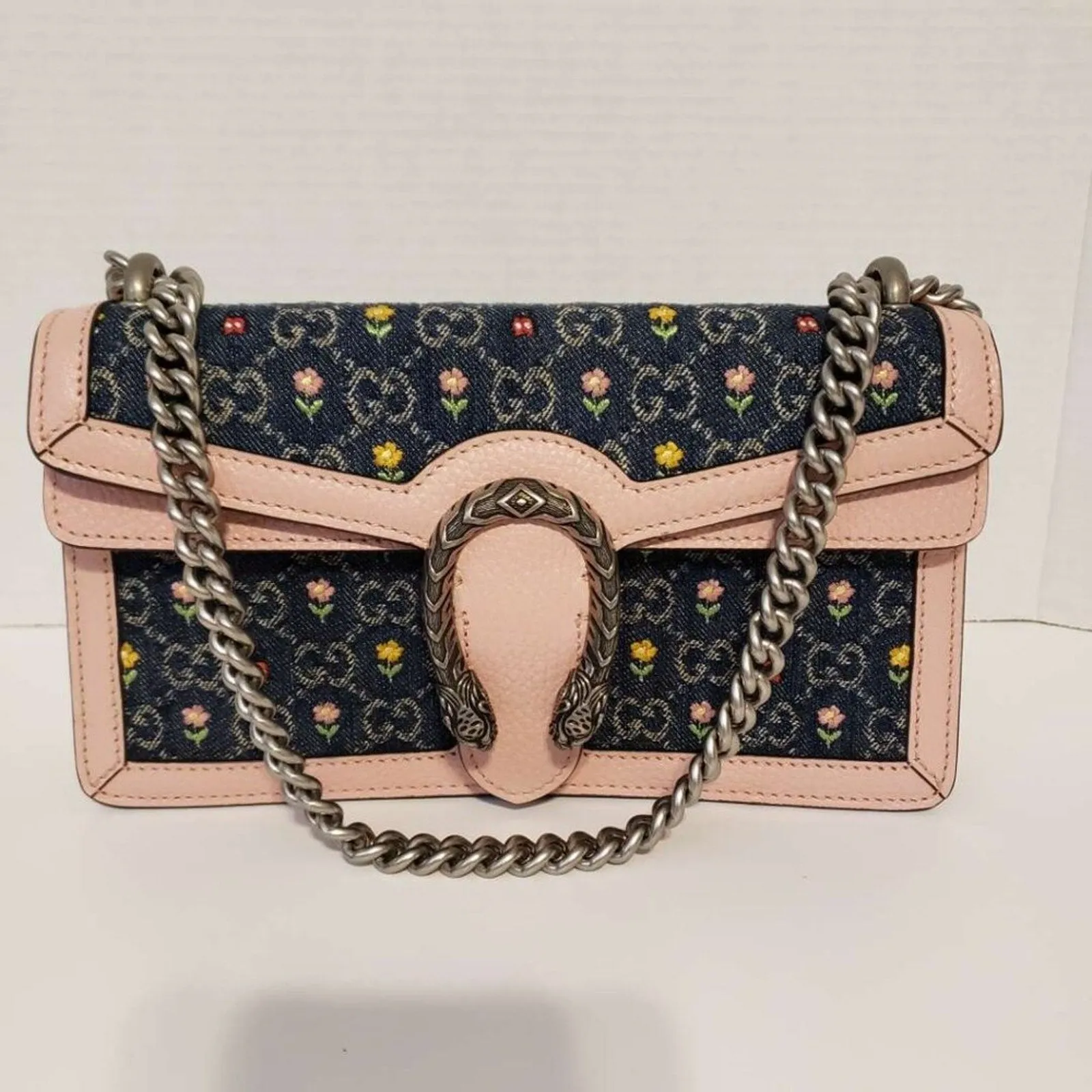 New Denim Floral Embroidered GG Monogram Dollar Calfskin Small Dionysus Bag