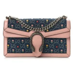 New Denim Floral Embroidered GG Monogram Dollar Calfskin Small Dionysus Bag