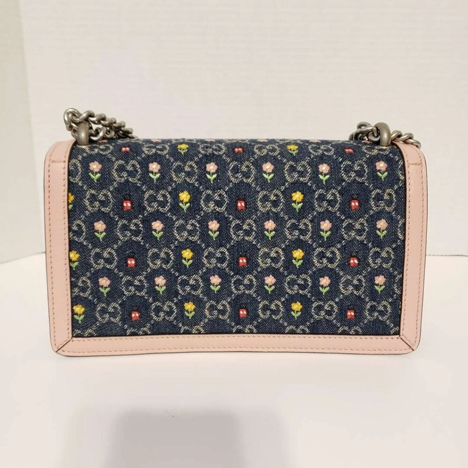 New Denim Floral Embroidered GG Monogram Dollar Calfskin Small Dionysus Bag