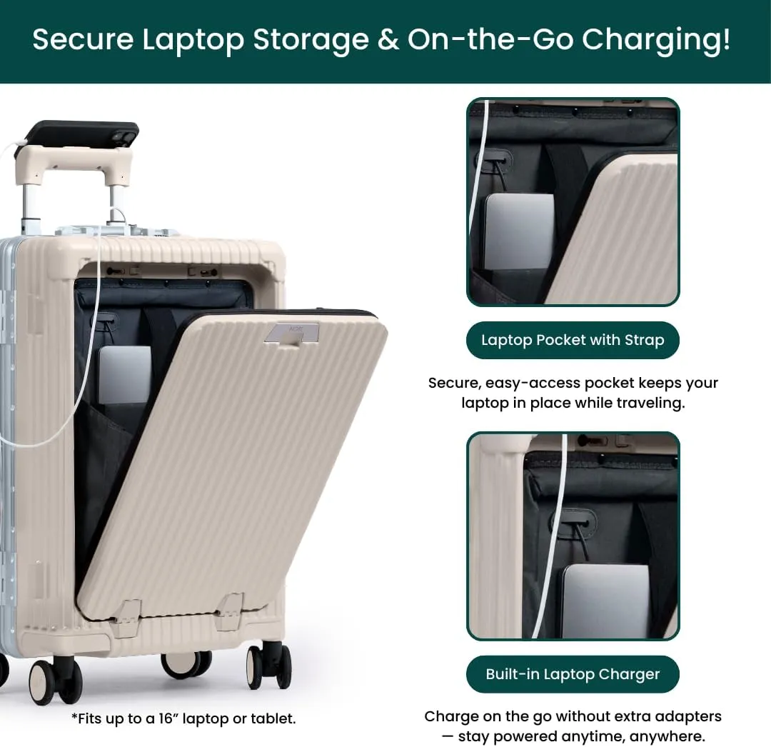 Nobl Travel Carry On Luggage, Noble Zipperless Aluminum Frame PC Hard Shell Suitcase, 23.5x15.5x10 Airline Approved, 360 Spinner Wheels, TSA Locks, USB Charging Port, Cup & Phone Holder - Beige