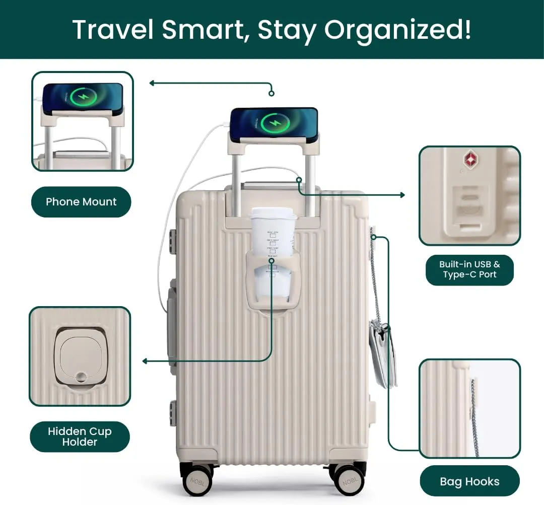 Nobl Travel Carry On Luggage, Noble Zipperless Aluminum Frame PC Hard Shell Suitcase, 23.5x15.5x10 Airline Approved, 360 Spinner Wheels, TSA Locks, USB Charging Port, Cup & Phone Holder - Beige