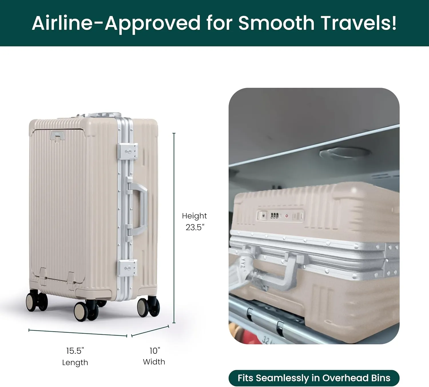 Nobl Travel Carry On Luggage, Noble Zipperless Aluminum Frame PC Hard Shell Suitcase, 23.5x15.5x10 Airline Approved, 360 Spinner Wheels, TSA Locks, USB Charging Port, Cup & Phone Holder - Beige