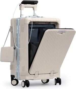 Nobl Travel Carry On Luggage, Noble Zipperless Aluminum Frame PC Hard Shell Suitcase, 23.5x15.5x10 Airline Approved, 360 Spinner Wheels, TSA Locks, USB Charging Port, Cup & Phone Holder - Beige