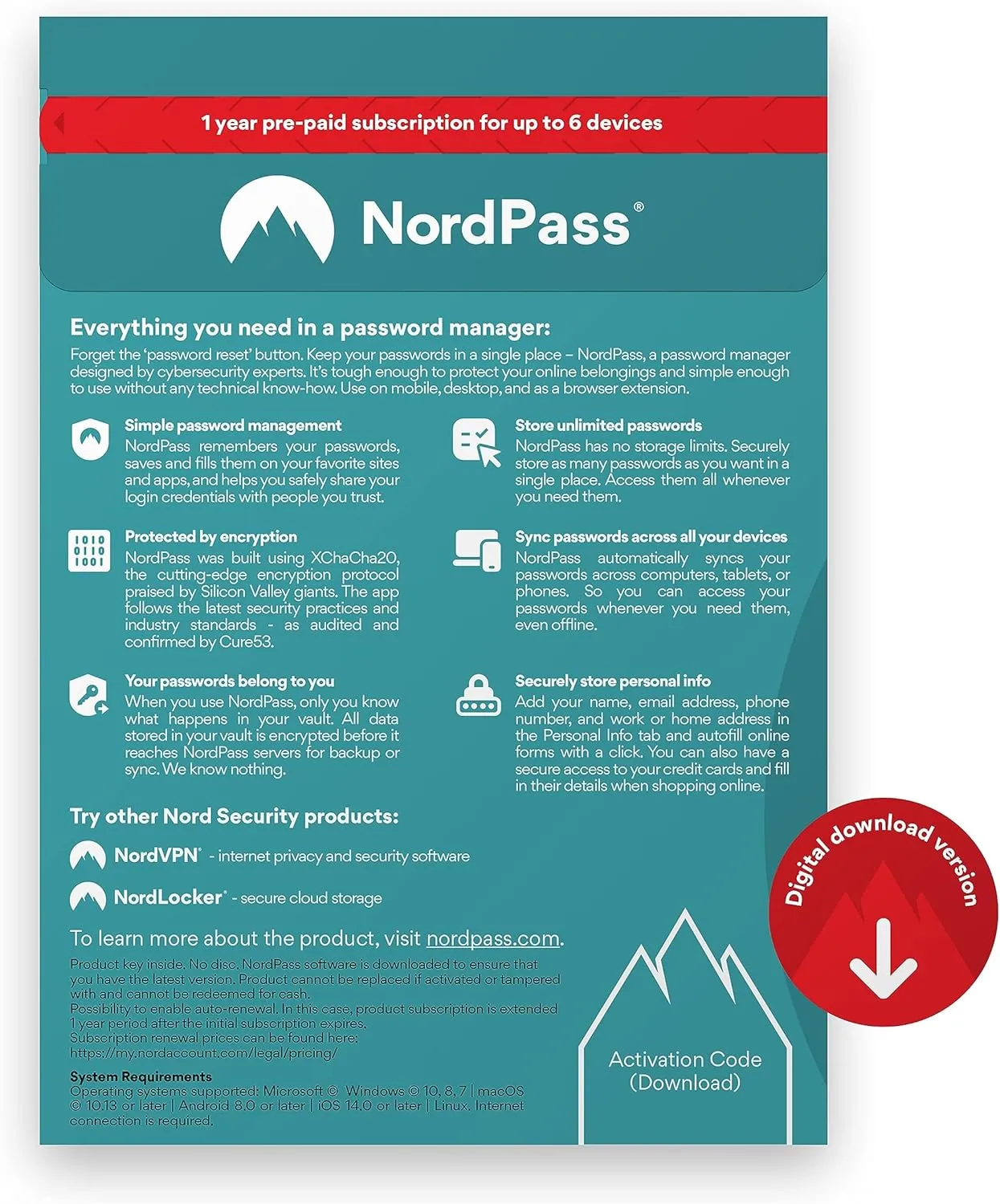 NordPass Premium, Unlimited Devices, 1-Year, Password Manager, Digital Code
