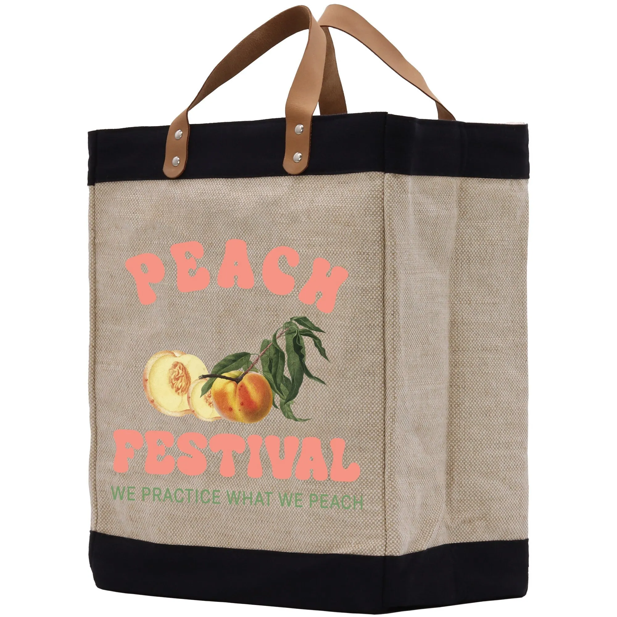 Peach Farm Fresh Market Jute Tote Bag Farmers Fruit Lover Burlap Bag Fruity Vintage Market Jute Burlap Bag Vintage Farmer Tote Bag (VTB1005)