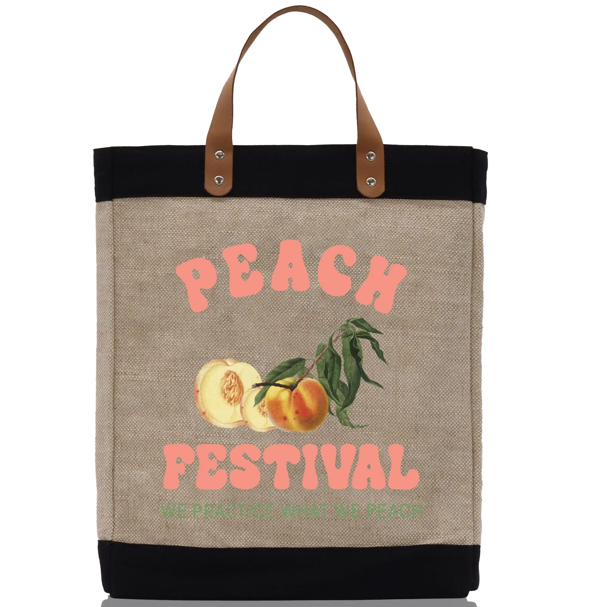 Peach Farm Fresh Market Jute Tote Bag Farmers Fruit Lover Burlap Bag Fruity Vintage Market Jute Burlap Bag Vintage Farmer Tote Bag (VTB1005)