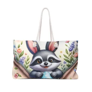 Personalised/Non-Personalised Weekender Bag, Easter, Cute Racoon, Large Weekender Bag, Beach Bag, Book Bag