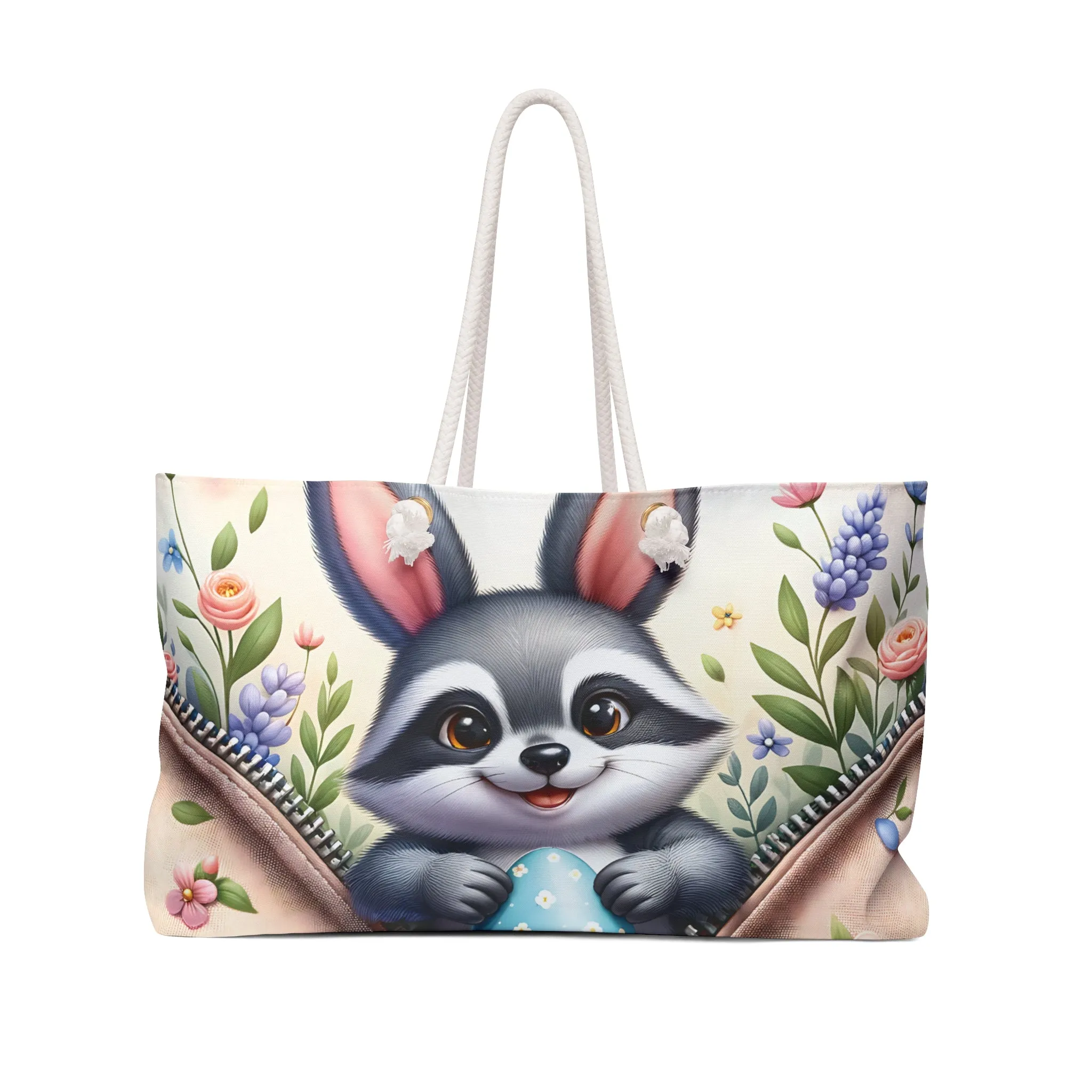 Personalised/Non-Personalised Weekender Bag, Easter, Cute Racoon, Large Weekender Bag, Beach Bag, Book Bag