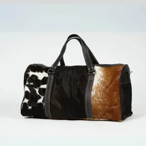 Real Cowhide leather tri-color duffel bag-Brown, Black and white color