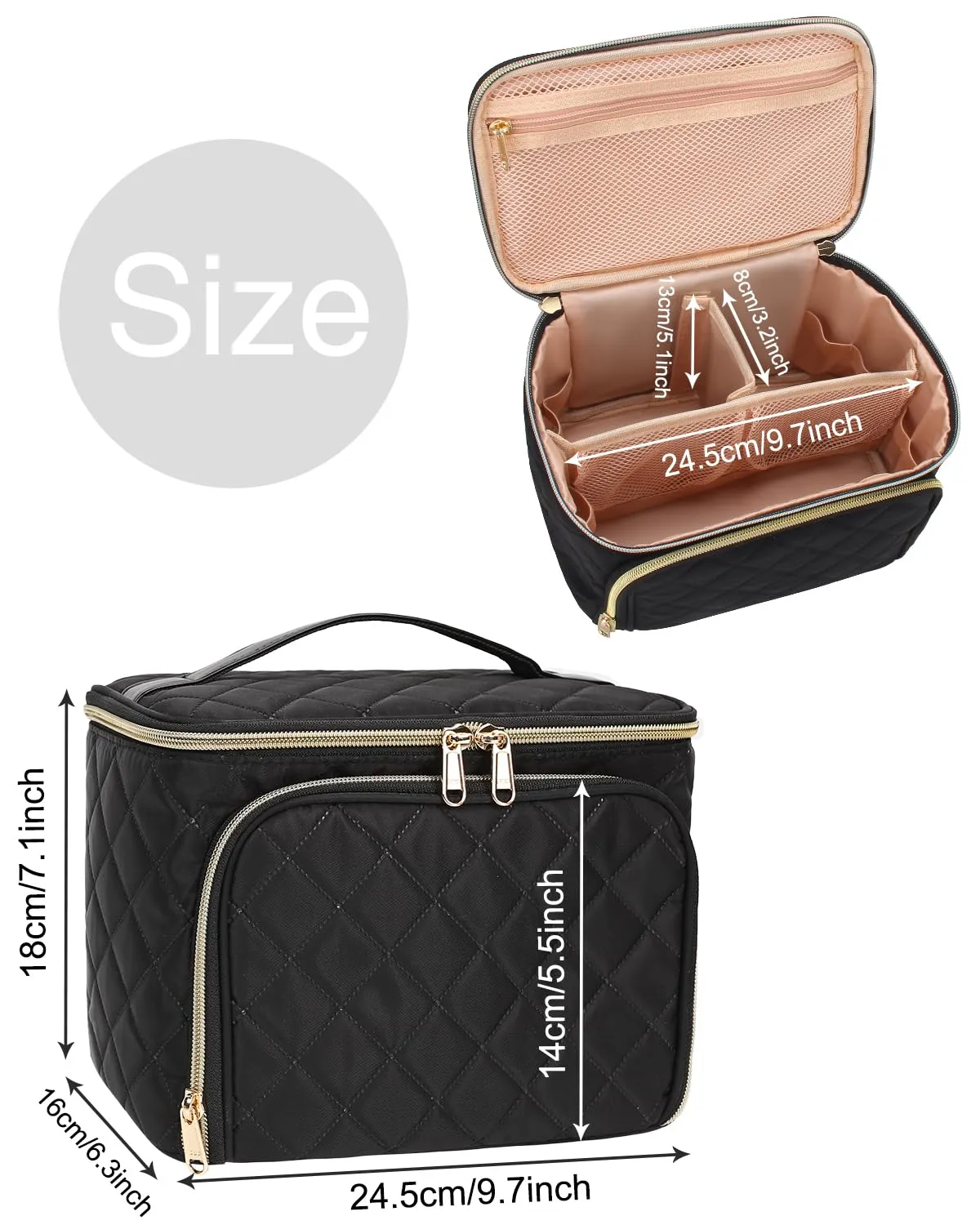 Relavel Makeup Bag, Large Capacity Travel Makeup Bag Organizer, Waterproof Cosmetic Bag with Adjustable Dividers for Women, Make Up Brush Holder Makeup Case with Compartments (Black)
